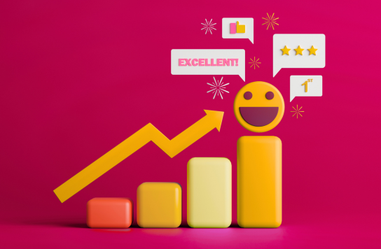 Growth visualization with upward trending bars, positive feedback, and success indicators